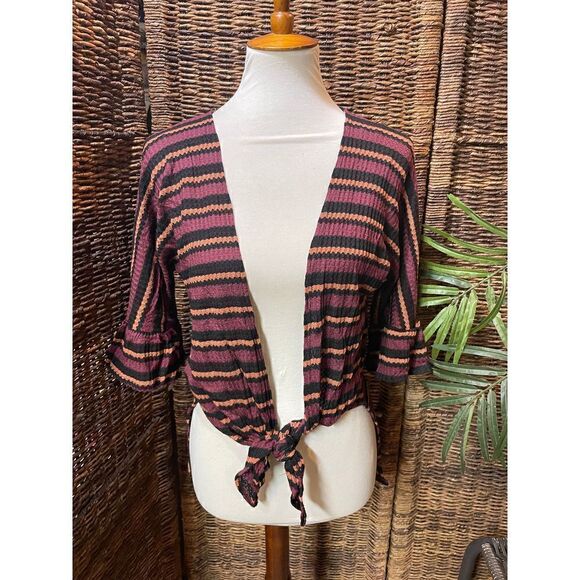 Miley +Molly Multi Stripe Bell Sleeve Tie Front Top S/M/L - Picture 6 of 9